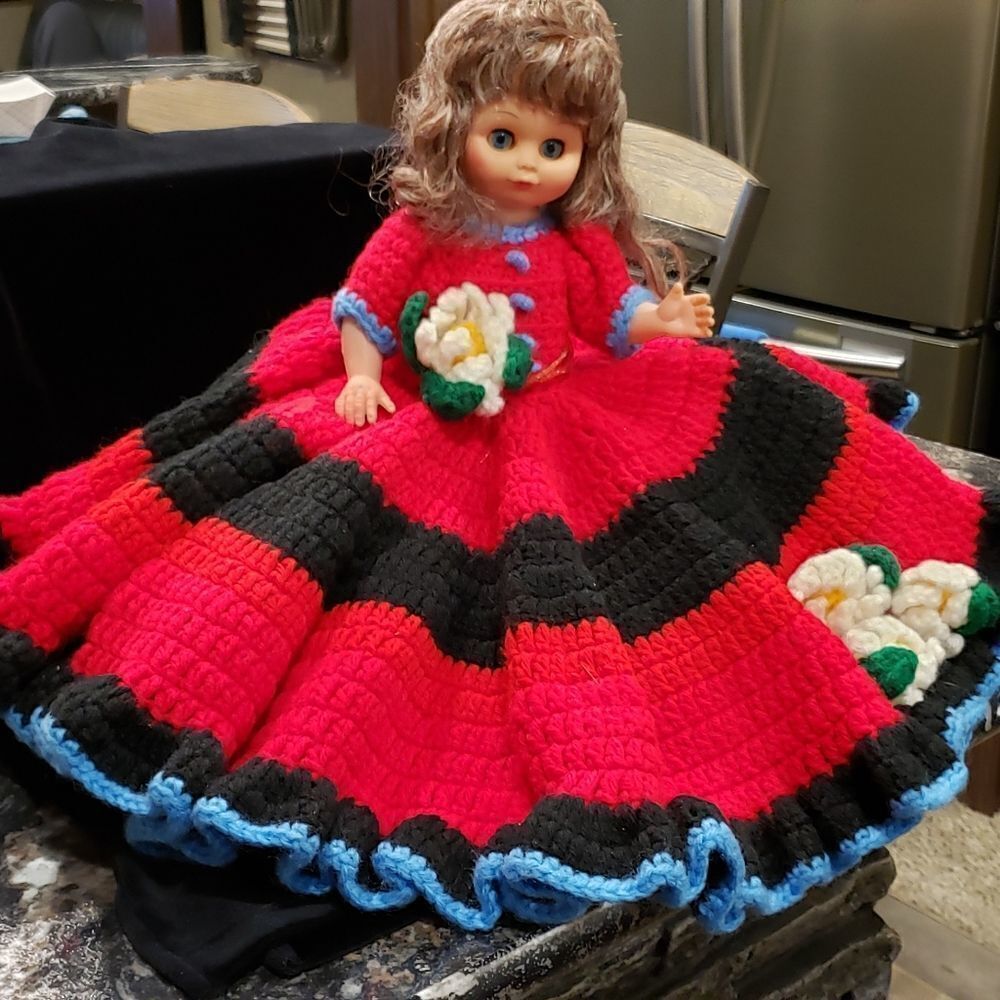 Beautiful Vintage Doll with Crocheted Red Dress